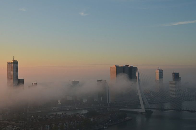 Rotterdam ontwaakt met een mist deken van Marcel van Duinen