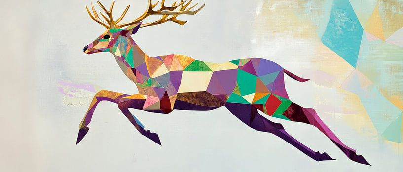 Colourful stag jumping - Geometric Abstract by Poster Art Shop