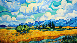 Peinture naturelle représentant un paysage, dessinée à la main : ciel bleu et champs sur Mido