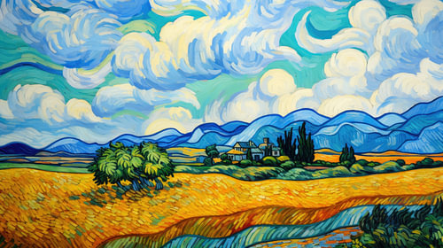 Natural painting landscape hand drawing blue sky and fields
