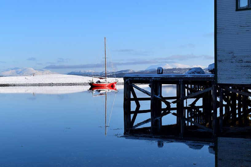 Rotes Segelboot Reflexion im Wasser des Fjords mit Schnee im Hintergrund von Studio LE-gals