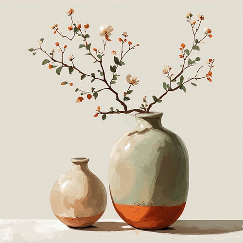 A set of minimalist ceramic vases with blossom branches.