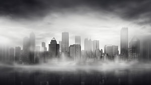 Schwarz-Weiß-Foto einer Stadtsilhouette im Nebel mit Wolkenkratzern, Kunstdesign
