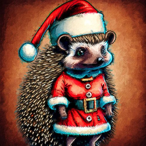 Hedgehog dressed as a Christmas woman (art)
