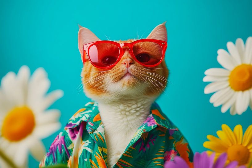 Chat chic en chemise hawaïenne avec lunettes par Poster Art Shop