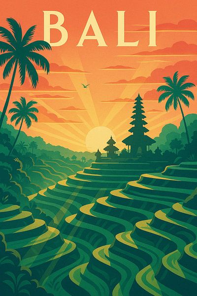 Bali Golden Horizon – Art Deco Sunset Poster by Travel Shop