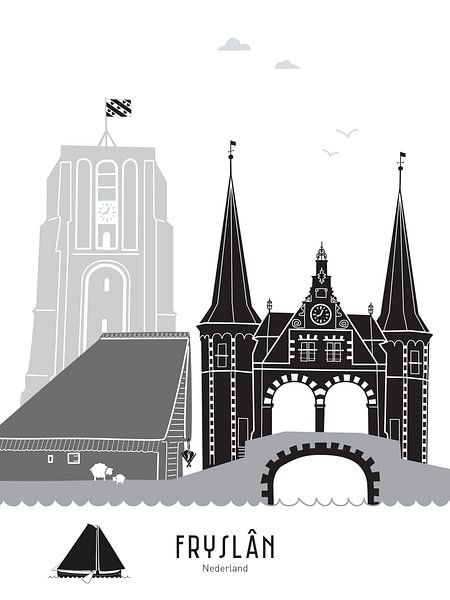 Skyline Illustration Provinz Friesland in schwarz-weiß-grau von Mevrouw Emmer