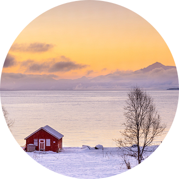 Rood botenhuis in winter, Noorwegen van Adelheid Smitt