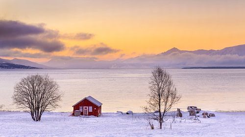 Red boathouse in winter, Norway