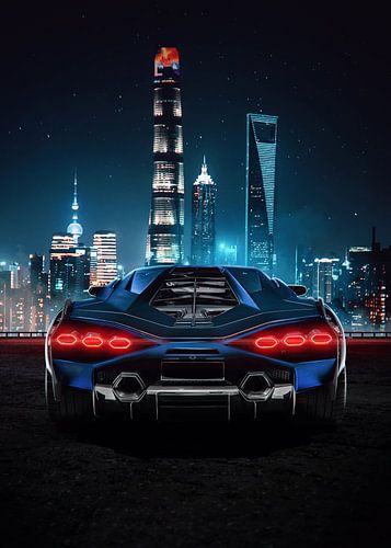 Lamborghini in een cyberpunk stadslandschap