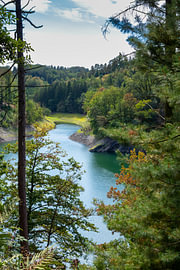 Romantischer Blick auf den Stausee der Sengbachtalsperre im Sommer von Your Happy Life
