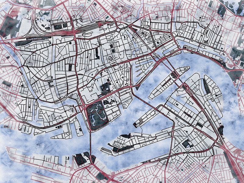 Map of Rotterdam centrum with the style 'White Winter' by Maporia