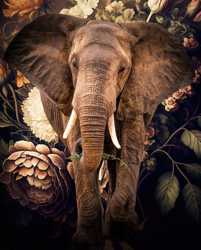 Olifant tussen de bloemen