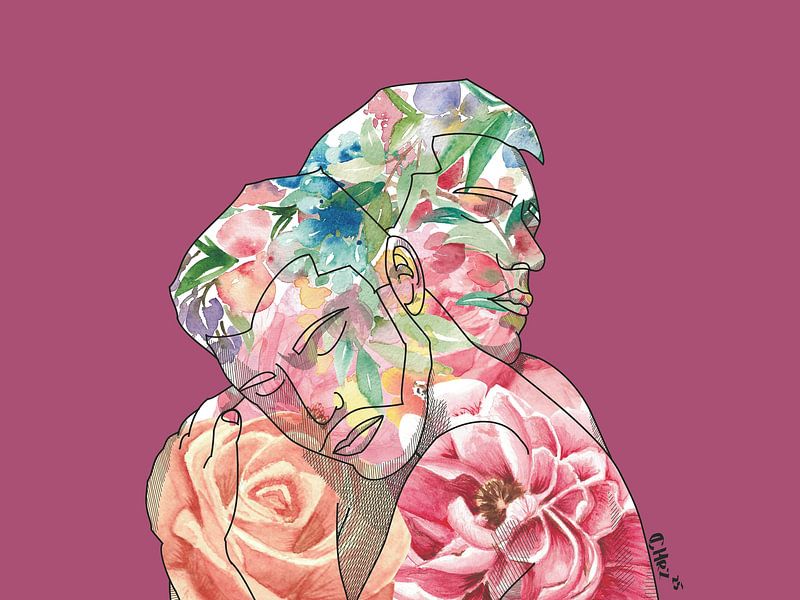 Pure Love - Gay Couple, Floral Watercolor &amp; Digital Line Art, Gay Couple Embracing Illustration, Pride Poster by Chrz - AquaPixelFusion