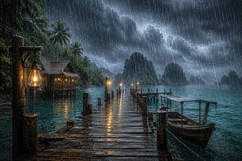Pluie battante sur une jetée traditionnelle en bois | Indonésie | Collection « Pluie »