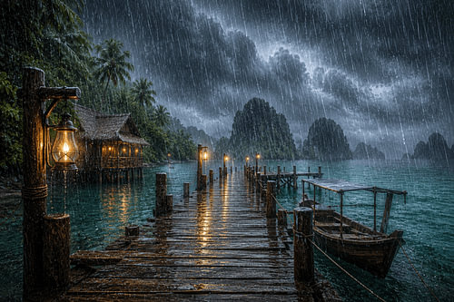 Starker Regen auf einem traditionellen Holzsteg I Indonesien I Regensammlung