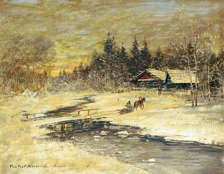 Konstantin Alexeyevich Korovin - Sledge crosses a bridge at sunset by Peter Balan