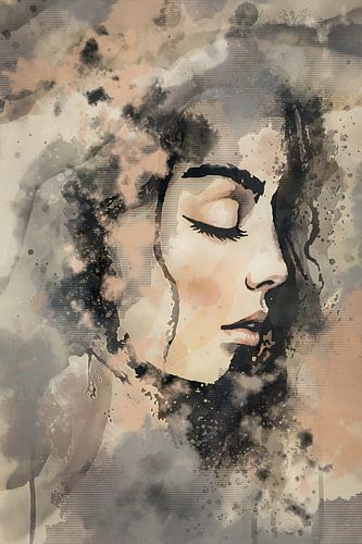 Aquarel portrait beautiful woman van Emiel de Lange