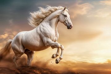 Lichtgekleurd paard steigert tegen bewolkte hemel van Markus Gann