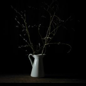 A very simple vintage flowerpot of enamel with catkins by John Quendag