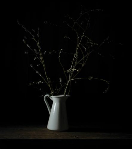 A very simple vintage flowerpot of enamel with catkins