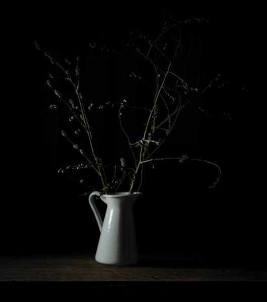 A very simple vintage flowerpot of enamel with catkins by John Quendag