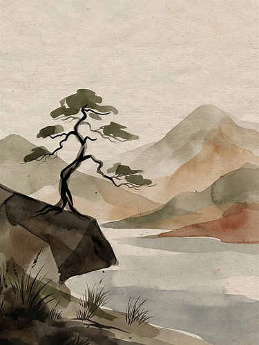 Ruhige japanische Berglandschaft mit Kiefernbaum im Aquarellstil