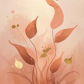 Elegante abstrakte Blätter mit Goldakzenten – Terrakotta Modernes Gemälde von Marieke van Rijsewijk