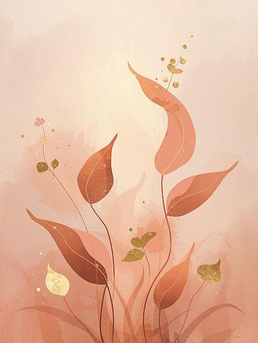 Elegante abstrakte Blätter mit Goldakzenten – Terrakotta Modernes Gemälde