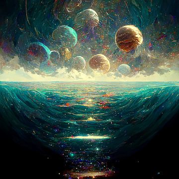 planeten boven de zee fantasie illustratie van rinda ratuliu