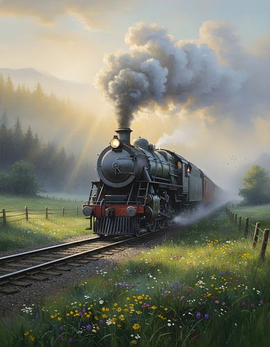 Een stoomtrein baant zich een weg door de ochtendmist