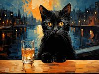Schwarze Katze und Café bei Nacht, inspiriert von Van Gogh