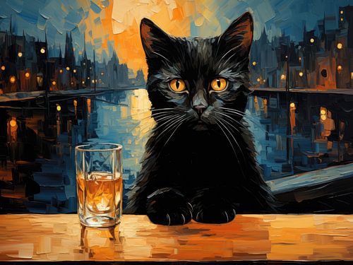 Black cat by the canal at night