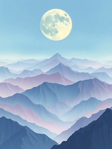 Een omhelzing van de volle maan boven serene lavendel en indigo bergketens