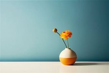 Nature morte minimaliste - Fleur dans un vase sur fond bleu sur Roger VDB