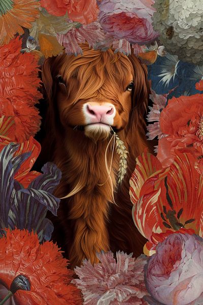 Scottish Highlander among flowers by Hilde Remerie Photography and digital art