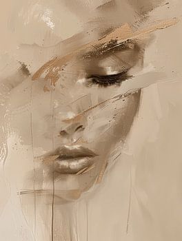 Modern en abstract portret in goud en aardetinten