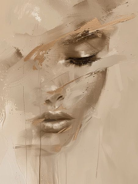 Modern en abstract portret in goud en aardetinten van Carla Van Iersel