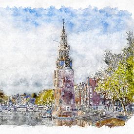 Der alte Kirchturm in Amsterdam (Aquarell) von Art by Jeronimo