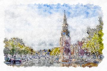 De Oudekerkstoren in Amsterdam (aquarel)