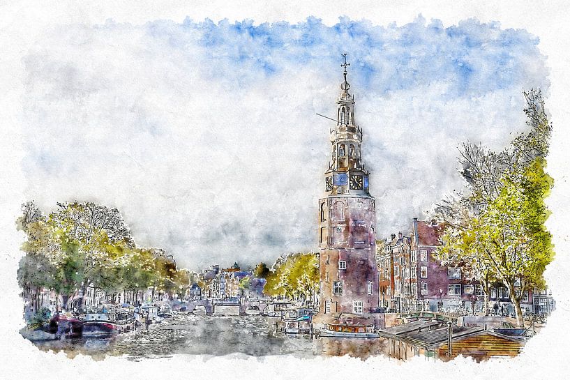 Der alte Kirchturm in Amsterdam (Aquarell) von Art by Jeronimo