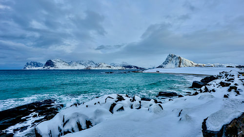 Winter landschap Lofoten eilanden - Storsandnesstrand