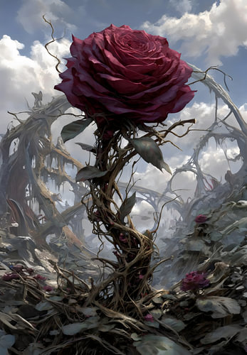 Dark-Fantasy-Blumenkunst – Kolossale Rose über einer zerstörten Welt