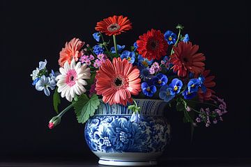 Elegante bloemenpracht in klassieke blauw-witte vaas van De Muurdecoratie