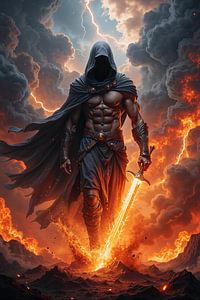 Dark Fantasy Wandbild: UMBRAVOR - Der Krieger der Schatten mit seinem Flammenschwert