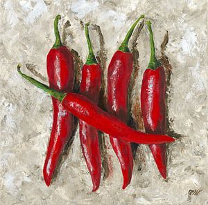 de wiskundige schoonheid van vijf rode chili pepers van Astridsart