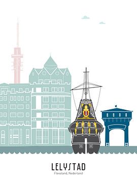 Skyline illustration city of Lelystad in colour by Mevrouw Emmer