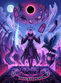 Cyberpunk-Zauberin, Magierin, Sonnenfinsternis, Zeitportal – Sci-Fi-Grafikillustration von The Deeper Way