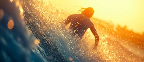 Surfers in het water bij zonsondergang
