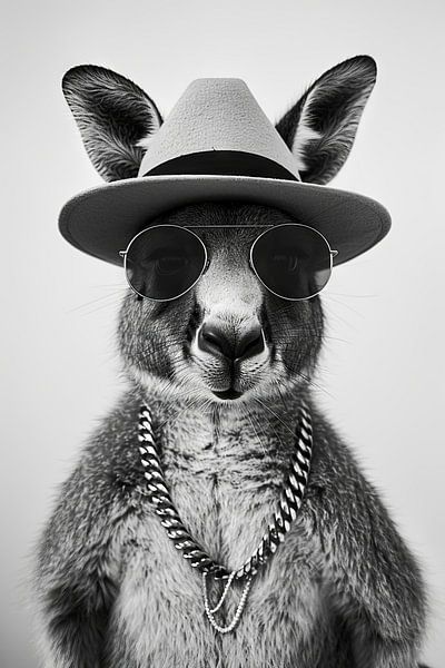 Kangourou stylé en chapeau et lunettes de soleil, portrait en noir et blanc par Poster Art Shop